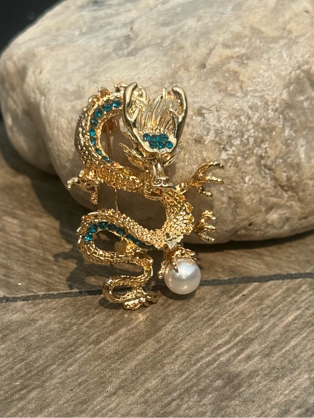 NWT Gold Dragon Pearl Brooch with Teal Green Accent Rhinestones